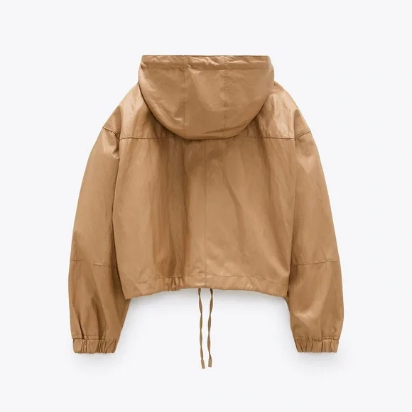 ZARA Limited Edition Faux Leather Jacket Outerwear Size M-L Caramel Tan Khaki - Picture 3 of 14